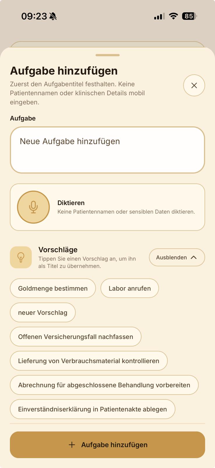 Aufgabe in der Praxenio Mobile App erfassen
